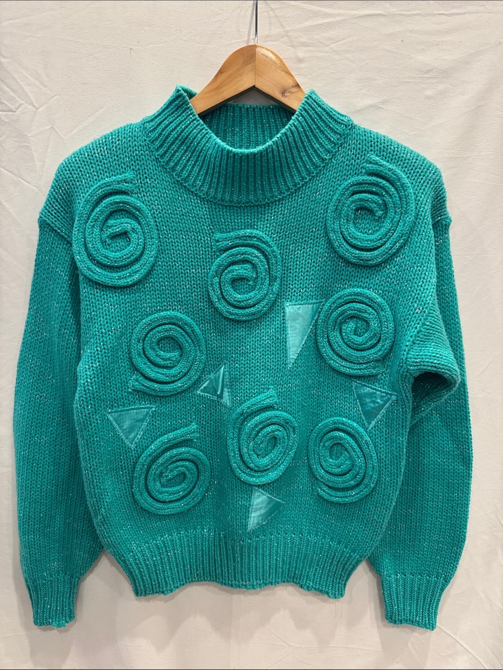 Vintage 80s Teal Blue Textured Spiral Knit Sweater S